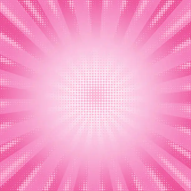 Vector illustration of Pink comic background with sunburst and rays. Vector cartoon pattern. Abstract retro anime frame. Radial manga backdrop with halftone effect.