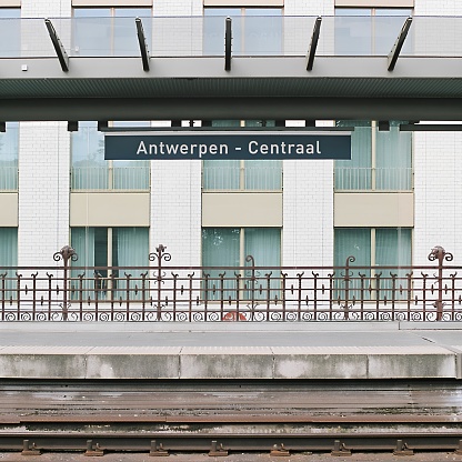 Antwerp, Belgium, August 14th 2023: View on Antwerp central railway station. Shot on analog film. 1x1 square format.