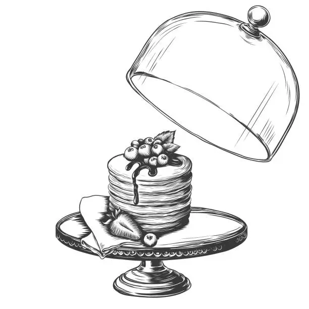 Vector illustration of Vector vintage stack of pancakes under glass cloche. Hand drawn monochrome food illustration. Great for menu, poster or label. Engraved imitation Sketch of Pancakes with berries and syrup.