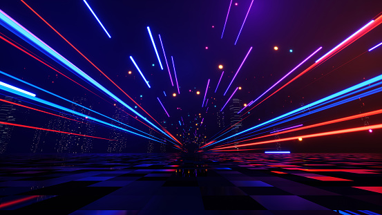 Futuristic technology neon light background, empty space with reflection light on floor scene, internet data network connection, abstract virtual reality, 3D render.