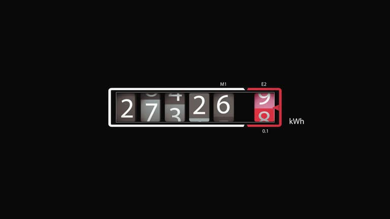 Meter of electricity consumption display rises very quickly shows consumption in kilowatt hours kWh, price increase electricity prices, cost of living, black background