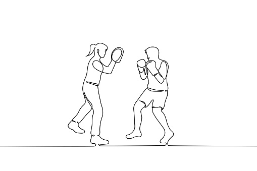 man boxer training with female trainer - one line drawing vector. boxing training concept, punching