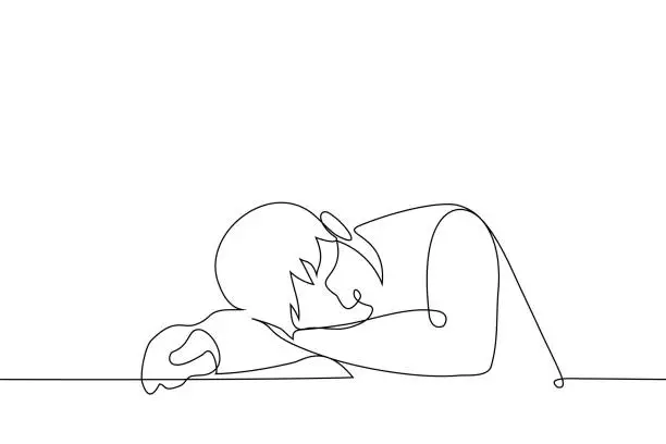 Vector illustration of man lies on a table using his hand as a pillow - one line drawing vector. the concept of being tired and falling asleep sitting at the table