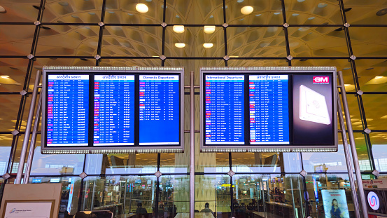 Mumbai, India - January 29 2024: Flight information displays at Mumbai airport.