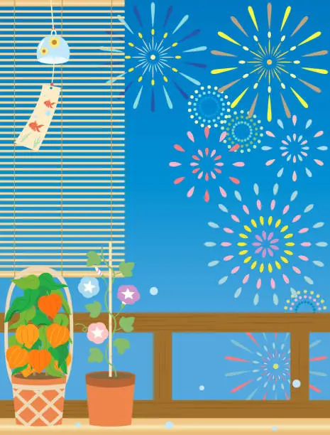 Vector illustration of Illustration of the night sky and fireworks seen from an old Japanese-style house