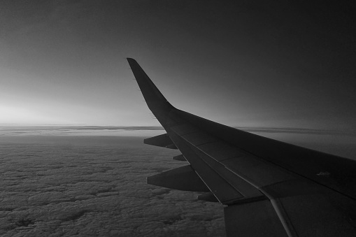 Black and white photo. View from the window of a flying plane