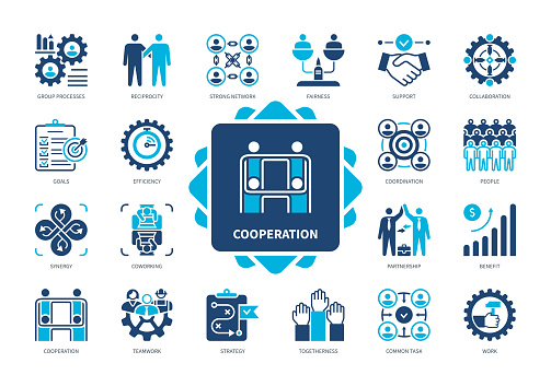 Cooperation icon set. Group Processes, Reciprocity, Fairness, Collaboration, Partnership, Synergy, Goals, Benefit. Duotone color solid icons