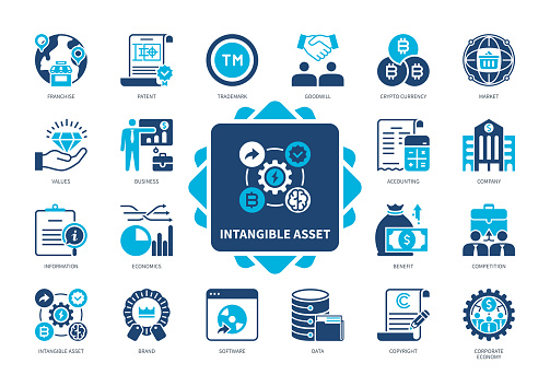 Intangible Asset icon set. Franchise, Patent, Trademark, Crypto Currency, Copyright, Software, Benefit, Data. Duotone color solid icons