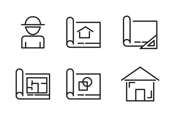 Vector illustration of Architect development and interior design icons, vector house plan and ruler.