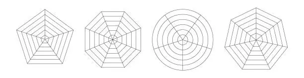 Vector illustration of Spider chart infographic featuring a web like diagram pentagon or hexagon outline. visualizing data in radar graphs. Flat vector illustration isolated on white background.