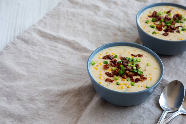 istock Homemade Corn Chowder with Bacon in Bowls, side view. Copy space. 2049942902