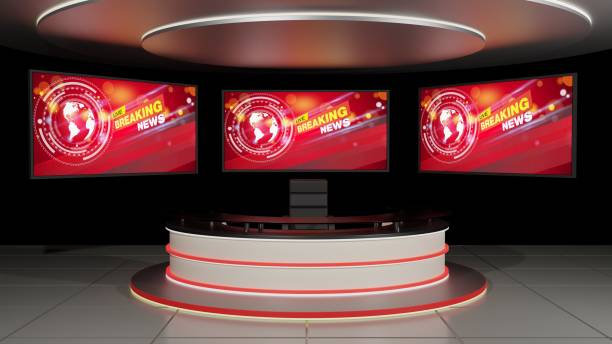 istock glass table and led screen background in a news studio room.3d rendering. 2049966785