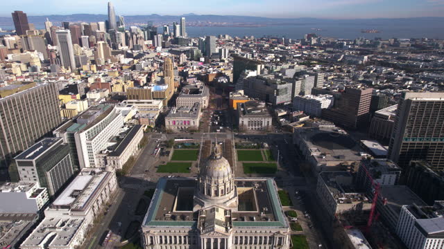 San Francisco USA, Drone Shot, City Hall, Court Buildings and Civic Center Plaza on Sunny Day, Revealing Cityscape and Bay