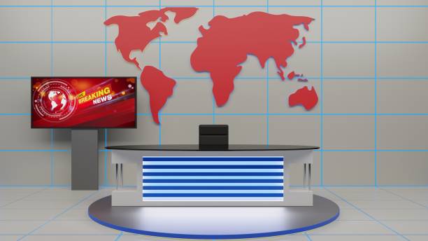 istock glass table and led screen background in a news studio room.3d rendering. 2049974238