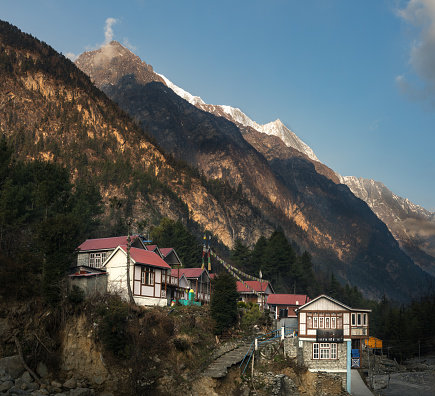 Sunrise at Chame village in the scenic Manang district of Himalayan mountains on the Annapurna Circuit trail route in Nepal