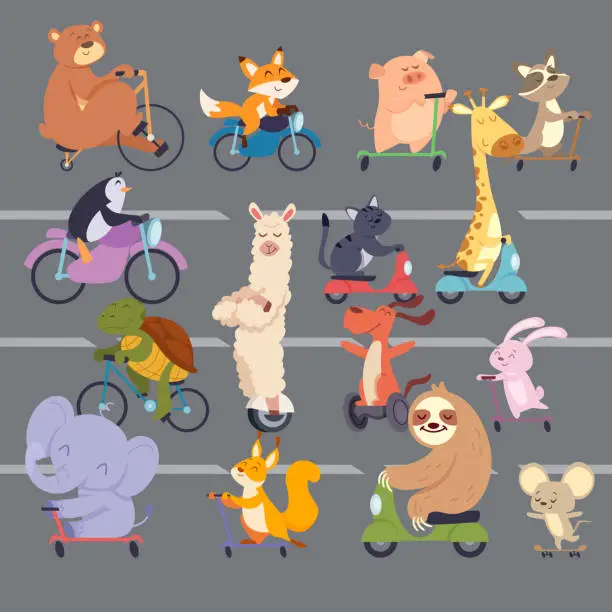 Vector illustration of Animals on road cartoon funny animals running bicycles