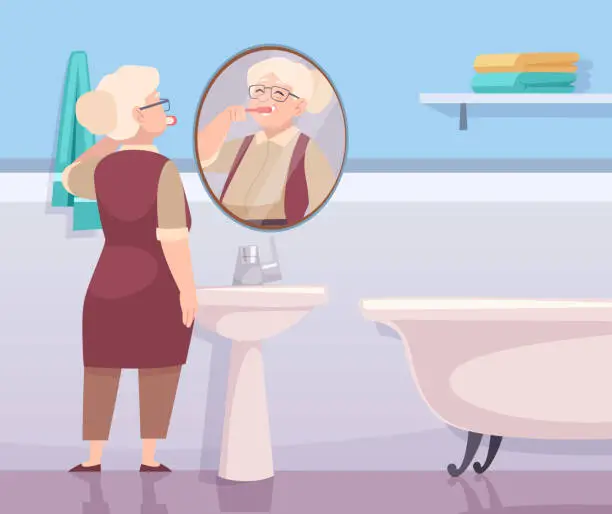 Vector illustration of Elderly brushing teeth everyday hygiene in bathroom