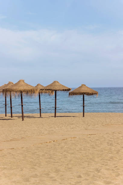 istock natural grass umbrella on empty beach with blue ocean 2049985361