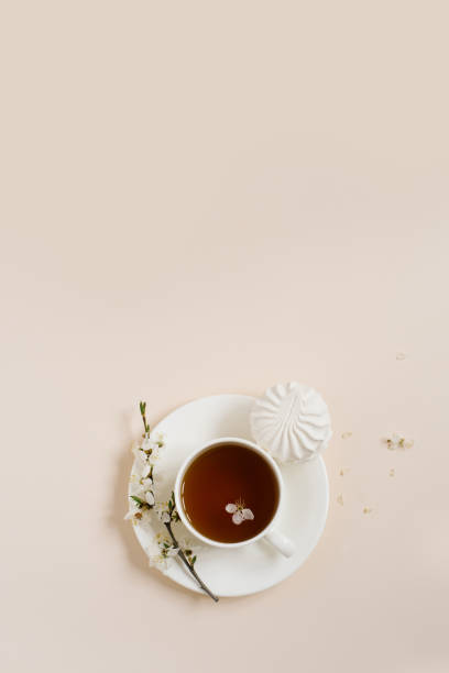 istock Flat lay of tea cup standing with apple flowers and marshmellow on beige background with copy space 2049992807