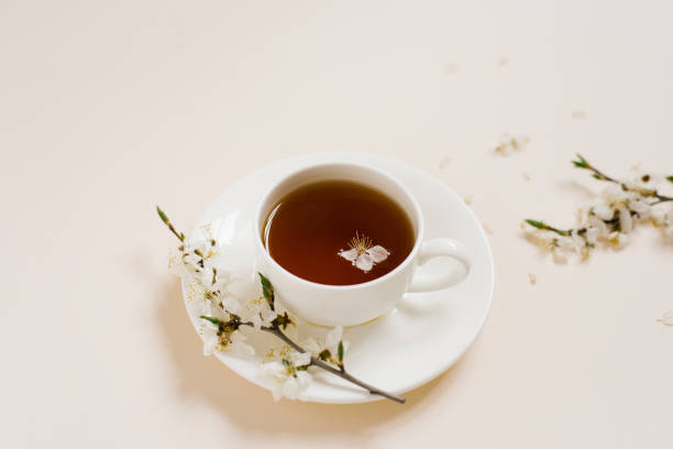 istock White porcelain cup with black tea and marshmallows. Branches of a blossoming apple tree lie on a beige background. Spring concept 2049995965