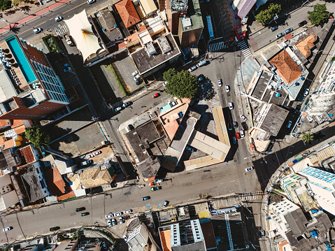 overhead drone view on downtown district in Salvador da Bahia, Brazil at sunny day