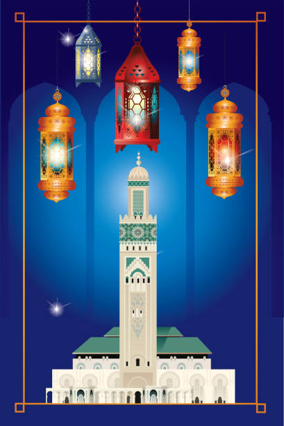 ilustraciones, imágenes clip art, dibujos animados e iconos de stock de ramadán y mezquita hassan ii - casablanca moroccan culture style islam