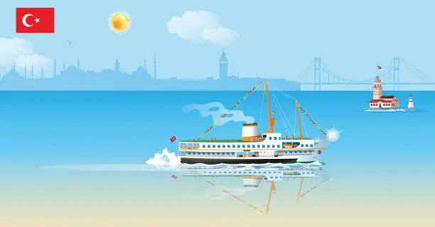 Vector illustration of Istanbul, historical peninsula and steamboat