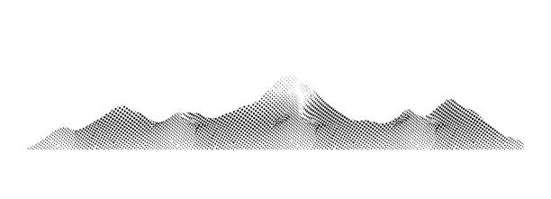 гора полутоновая точечная текстура векторный абстрактный фон. градиентный рисунок зернистости вершинного шума. дотворк-пейзаж, полутонов� - mountain mountain range rocky mountains silhouette stock illustrations
