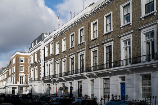 A row of traditional apartment buildings in Pimlico in central London in the City of Westminster.