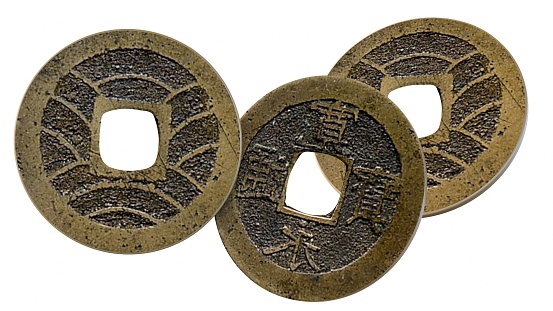 3d rendering of Japanese mon currency and these are worth 4 mon