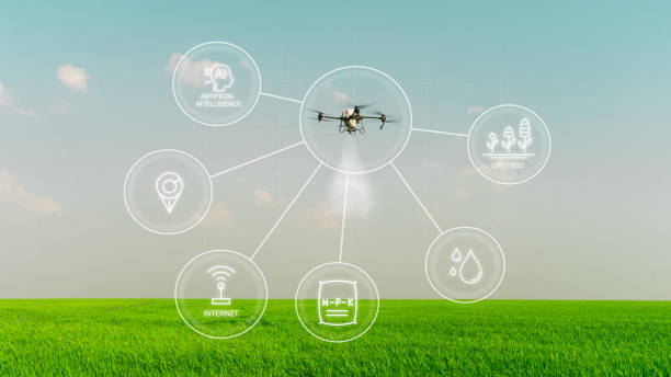 istock Agriculture drone fly to sprayed fertilizer on the  fields. smart farmer use drone for various fields like research analysis, terrain scanning technology, smart technology concept. 2050074229