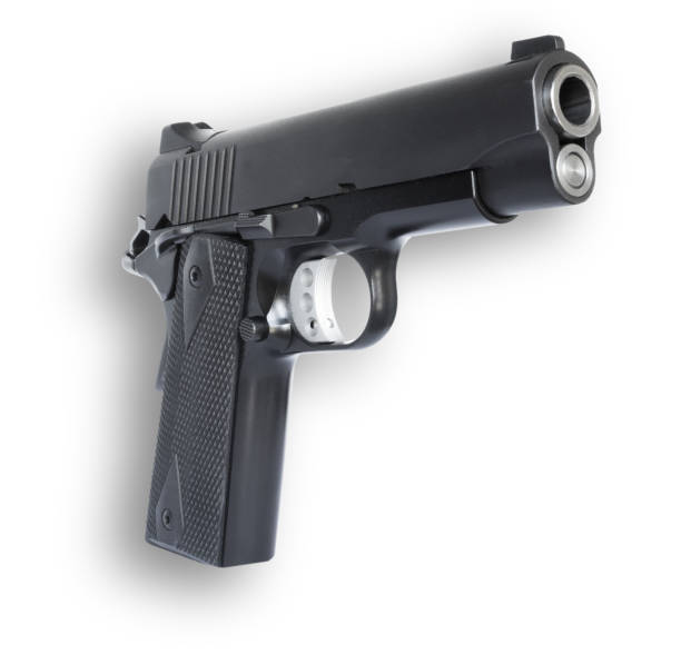 istock Steel semi automatic handgun with a drop shadow 2050083243