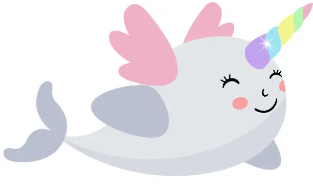 Vector illustration of Friendly unicorn whale with wings