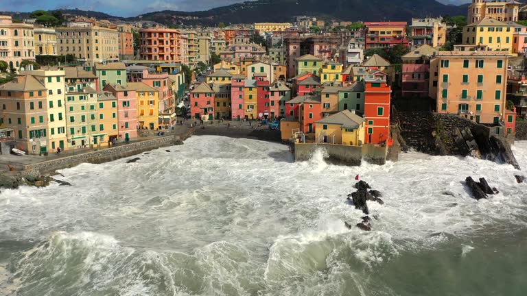 Winter sea, strong storm on the coast of Boccadasse in Genoa, Liguria, Italy.