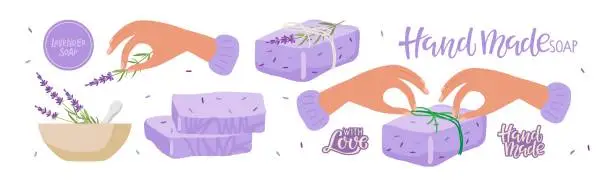 Vector illustration of Soap Making, Homemade Lavender soap. Person makes handmade soap with grass of lavender for sale or gift. Vector Illustration for small business. Herbal Healing body care. Natural organic spa products.