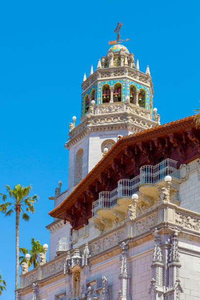 San Simeon, California, USA - April 19th 2017 - Tower of the Hearst Castle in San Simeon. Looking up to one of towers of Casa Grande, Hearst Castle. Landmarks of California in America