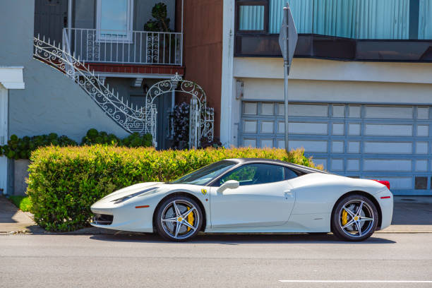 San Francisco, California, USA - 22 April, 2017- Residential buildings on Marina Boulevard, near the waterfront in San Francisco. Lifestyle in San Francisco. Luxury Ferrari car is parked near house.