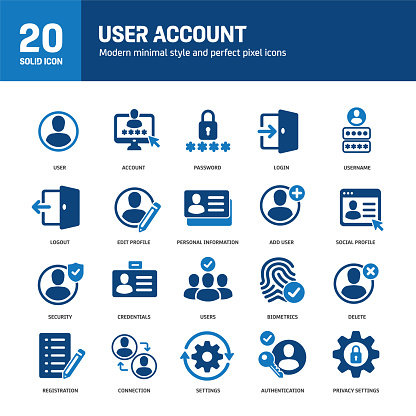 User account solid icons. Containing privacy, accessibility, identity, verification solid icons collection. Vector illustration. For website design, logo, app, template, ui, etc.