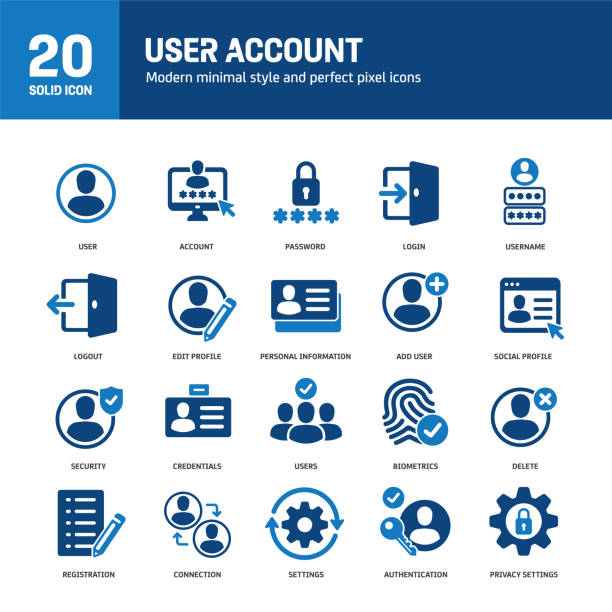 User account solid icons. Containing privacy, accessibility, identity, verification solid icons collection. Vector illustration. For website design, logo, app, template, ui, etc. User account solid icons. Containing privacy, accessibility, identity, verification solid icons collection. Vector illustration. For website design, logo, app, template, ui, etc. log on stock illustrations