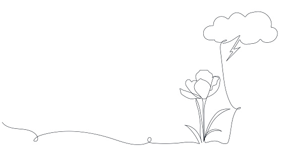 Continuous drawing of lines. Clouds with a thunderstorm over a flower. Weather conditions. Black isolated on a white background. Hand drawn vector illustration.