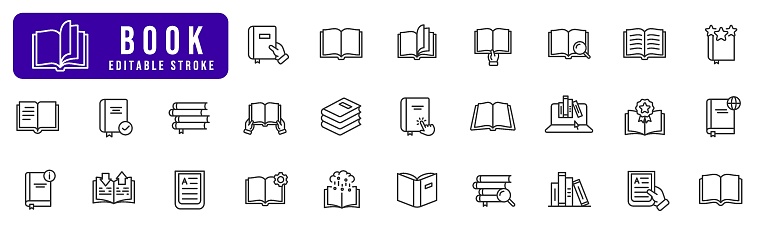 Book line icon set. Open book, pages, library, diary, bookmark, magazine, ebook etc. Editable stroke