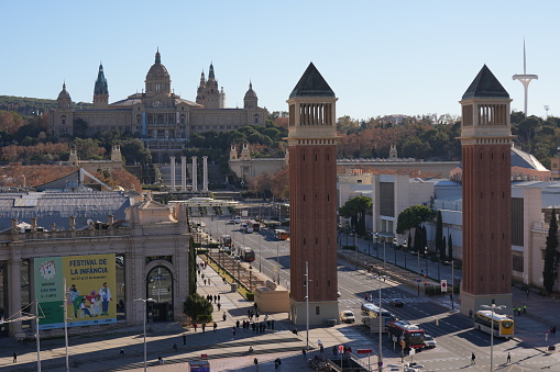 Barcelon, Spain – February 13, 2024: A scenic view of Plaza Espana in Barcelona, Spain, with Montjuic in the background