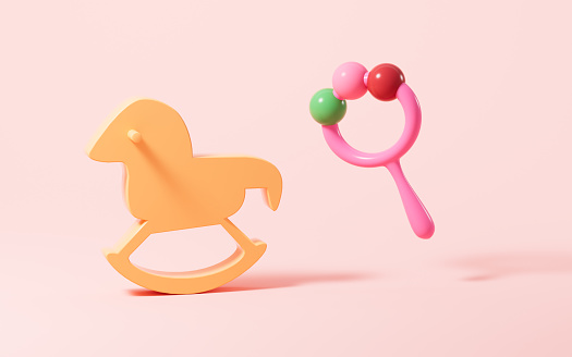 Baby rattle-drum, baby toys, baby product, 3d rendering. 3d illustration.