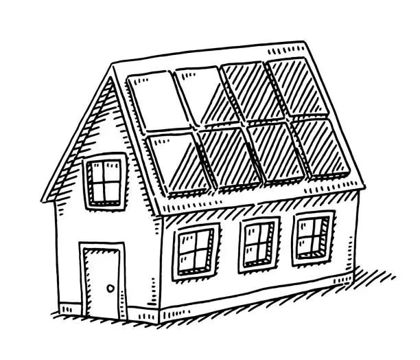 Vector illustration of Small House With Solar Panels On The Roof Drawing