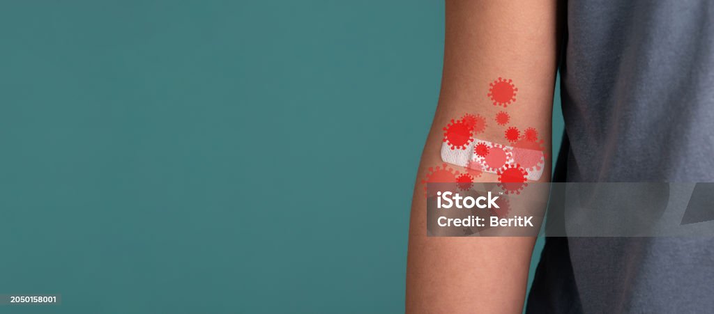 Outbreak of a virus, infectious disease spreading, pandemic, plaster after syringe, herd immunity, research in medicine Marburg Virus Stock Photo Outbreak of a virus, infectious disease spreading, pandemic, plaster after syringe, herd immunity, research in medicine Marburg Virus Stock Photo