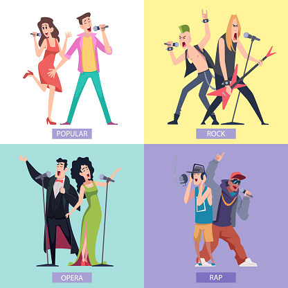 Singers rock pop rap and opera style singers people. Vector of performance entertainment, concert musical band illustration