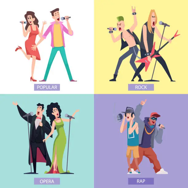 Vector illustration of Singers rock pop rap and opera style singers people