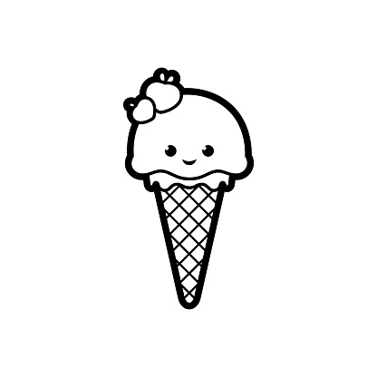 Ice cream dessert kawaii in a waffle cup, black outline, vector illustration in doodle style.