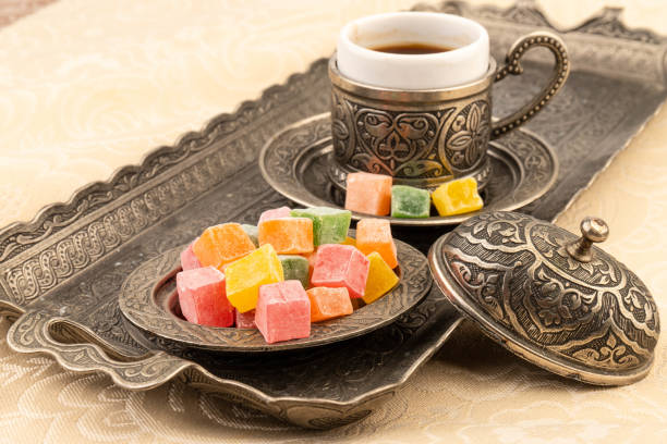 istock Turkish Coffee with Turkish Delight on authentic metal plate 2050166513