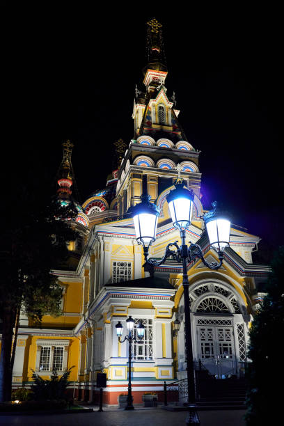 Night view of The Ascension Cathedral of a Russian Orthodox Church located in Panfilov Park in Almaty, Kazakhstan